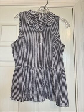 Elle Navy, White and Gold Striped Sleeveless Peplum Tank
